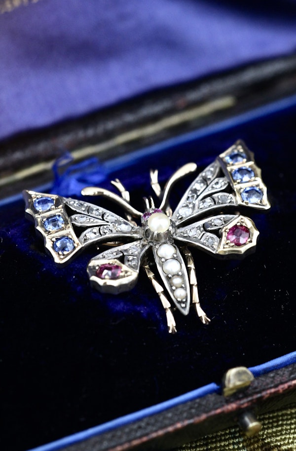 A very fine High Carat Yellow Gold  (tested) Victorian Diamond, Natural Sapphire & Ruby Butterfly Pendant Brooch Circa 1880 - image 3