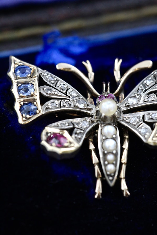 A very fine High Carat Yellow Gold  (tested) Victorian Diamond, Natural Sapphire & Ruby Butterfly Pendant Brooch Circa 1880 - image 5