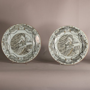Pair of Chinese grisaille European subject dishes, Qianlong (1736-95)