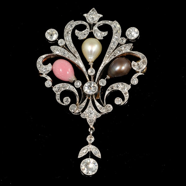 MM7578b Edwardian natural pearls diamond brooch/pendant platinum set 1910c - image 1