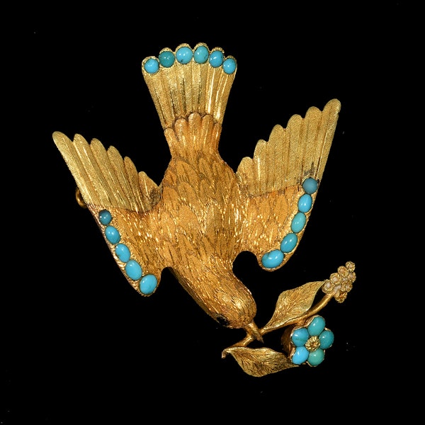 MM8772b Victorian gold turquoise diamond ruby bird brooch locket back stunning condition 1860c - image 1