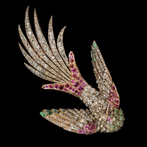 MM8694b Outstanding Victorian bird of paradise diamonds emeralds rubies gold/silver brooch 1870c