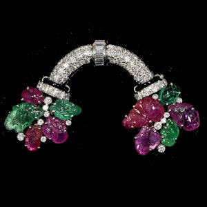 MM8254b Stunning rare Tutti Fruity brooch 1940c carved Emeralds rubies enamel diamonds rare and stunning