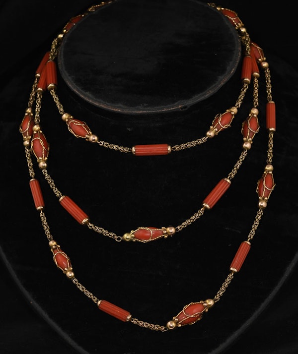 MM8185n Rare Victorian gold carved coral long guard chain 1880c - image 1