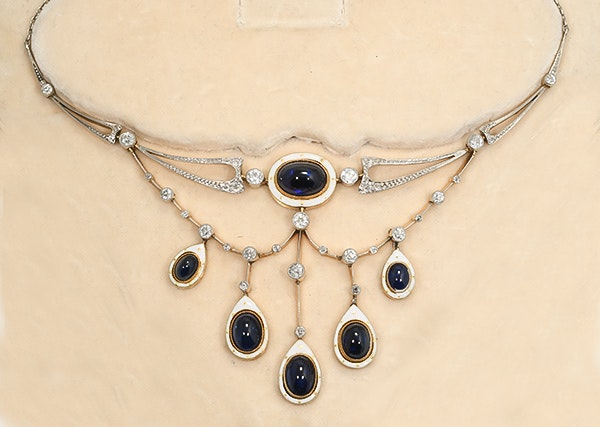 MM6812n Fine quality 1910/20c cabochon natural Sapphires enamel diamond platinum & gold necklace Spink original box - image 1