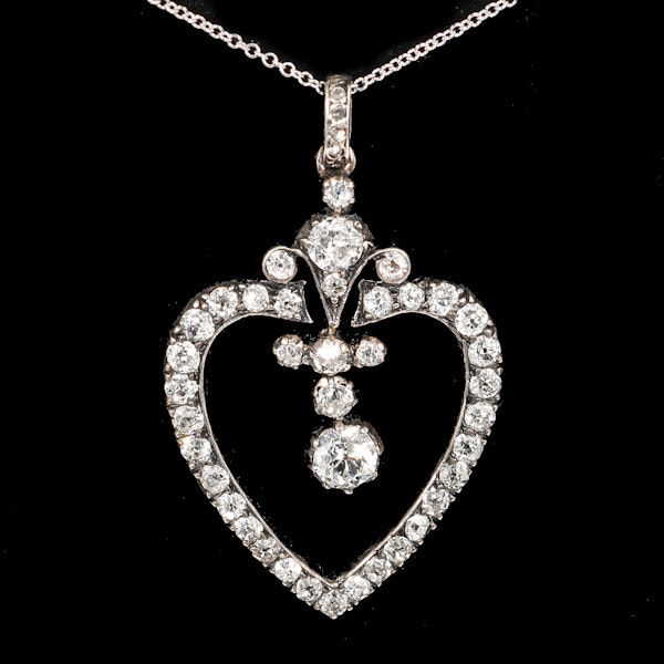 MM8491p Edwardian platinum gold diamond open heart pendant 1910c - image 1