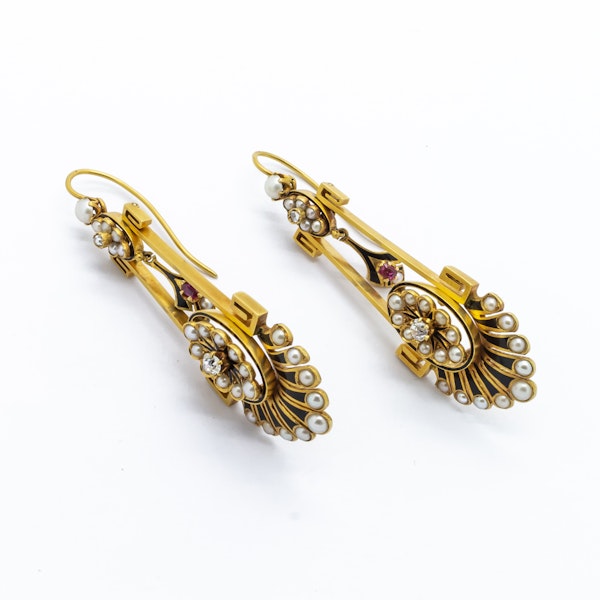 Victorian Aesthetic Movement Gold, Pearl, Diamond, Black Enamel and Ruby Earrings, Circa 1875 - image 4
