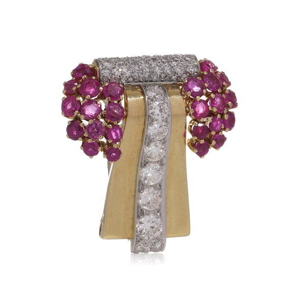 Retro Platinum and 18kt gold diamond and ruby brooch. - image 2