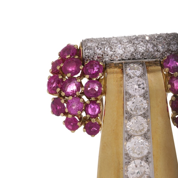 Retro Platinum and 18kt gold diamond and ruby brooch. - image 4