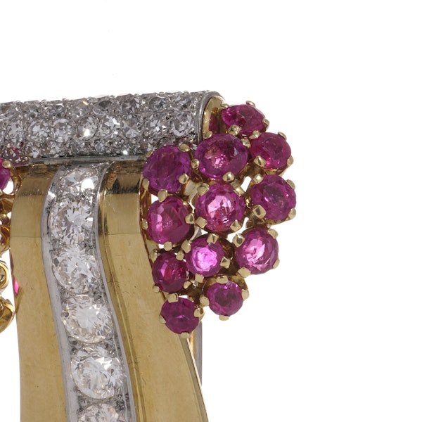 Retro Platinum and 18kt gold diamond and ruby brooch. - image 5