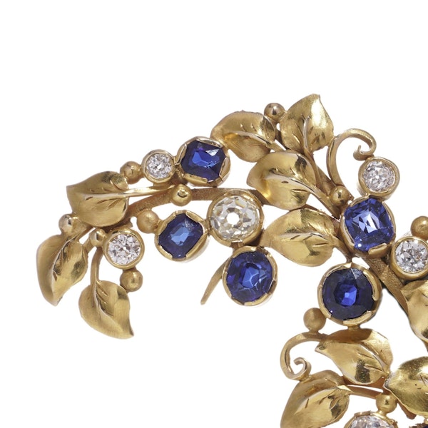 Victorian 18kt gold floral sapphire and diamond brooch - image 2