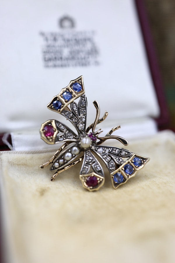 A very fine High Carat Yellow Gold  (tested) Victorian Diamond, Natural Sapphire & Ruby Butterfly Pendant Brooch Circa 1880 - image 1