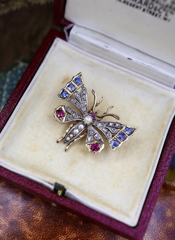 A very fine High Carat Yellow Gold  (tested) Victorian Diamond, Natural Sapphire & Ruby Butterfly Pendant Brooch Circa 1880 - image 2