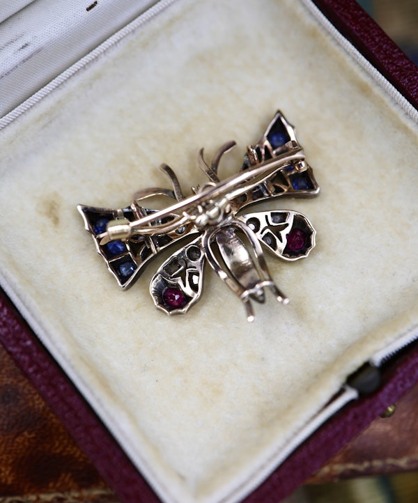 A very fine High Carat Yellow Gold  (tested) Victorian Diamond, Natural Sapphire & Ruby Butterfly Pendant Brooch Circa 1880 - image 3