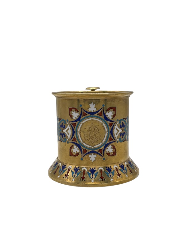 Russian sliver gilt and champlevé enamel tea glass holder, Moscow, 1883 by Khlebnikov. - image 2