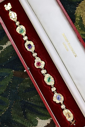 Downstairs at Grays: A very unusual Multi-Gem & Diamond, Yellow & White 18ct. Gold (tested), Acrostic Bracelet, Representing DEAREST. Circa 1970.