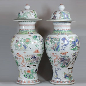 Matched pair of large Chinese famille verte baluster vases and covers, Kangxi (1662-1722)