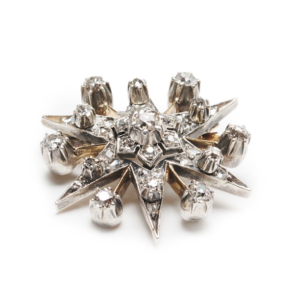 Antique Diamond and Silver Upon Gold Six Point Star Brooch, With Rays, Circa 1890, 1.50 Carats - image 2