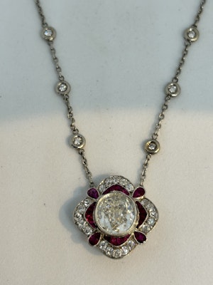 Lovely 2.01ct Art Deco Diamond Ruby Platinum pendant at Deco&Vintage Ltd