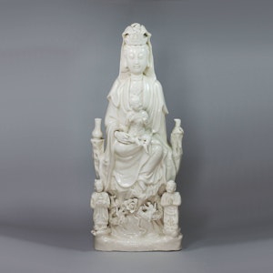 Chinese Blanc de Chine figure of Guanyin and her attendants, c.1680