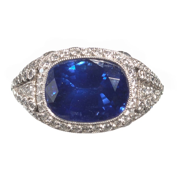 Modern Cushion Cut Sapphire Diamond  and Platinum Ring, 8.64ct - image 5