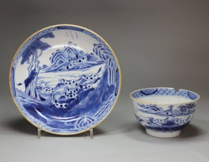 Very rare Chinese export blue and white teabowl and saucer, c.1770
