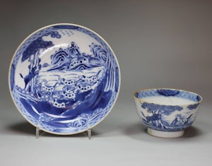Very rare Chinese export blue and white teabowl and saucer, c.1770