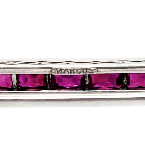 Marcus Art Deco Ruby Diamond and Platinum Bar Brooch, Circa 1925 - image 3