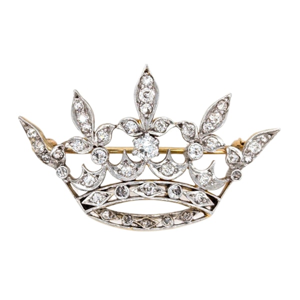 Antique Diamond Platinum and Gold Crown Brooch, Circa 1915 - image 3