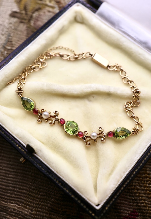 15ct Yellow Gold Victorian Peridot, Pearl and Ruby Bracelet Circa 1890 - image 1