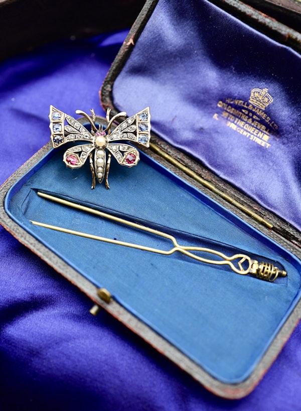 A very fine High Carat Yellow Gold  (tested) Victorian Diamond, Natural Sapphire & Ruby Butterfly Pendant Brooch Circa 1880 - image 4