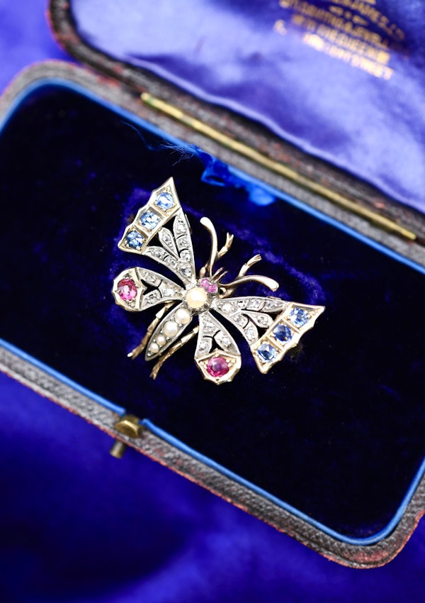 A very fine High Carat Yellow Gold  (tested) Victorian Diamond, Natural Sapphire & Ruby Butterfly Pendant Brooch Circa 1880 - image 5