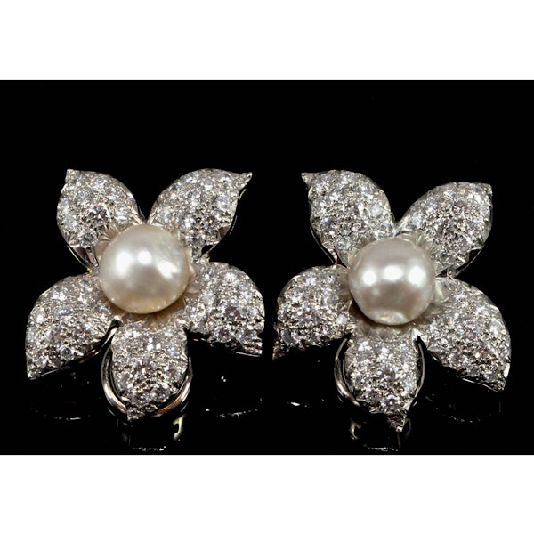 Vintage Natural Pearl and Diamond Flower Earrings, Circa 1950, 4.00 Carats - image 5