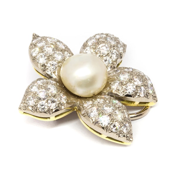 Vintage Natural Pearl and Diamond Flower Earrings, Circa 1950, 4.00 Carats - image 4