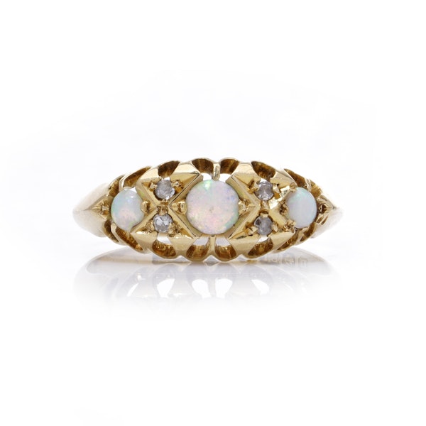 18kt gold three - stone opal and diamond ring. - image 7