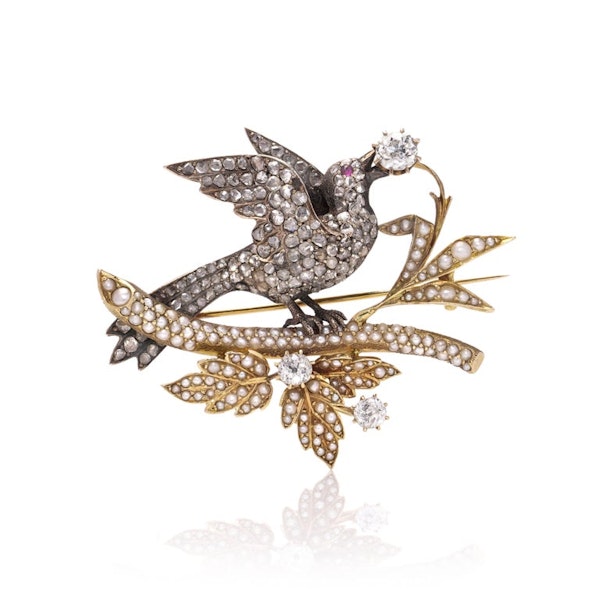 Victorian 18kt yellow and pink gold and silver bird brooch - image 3