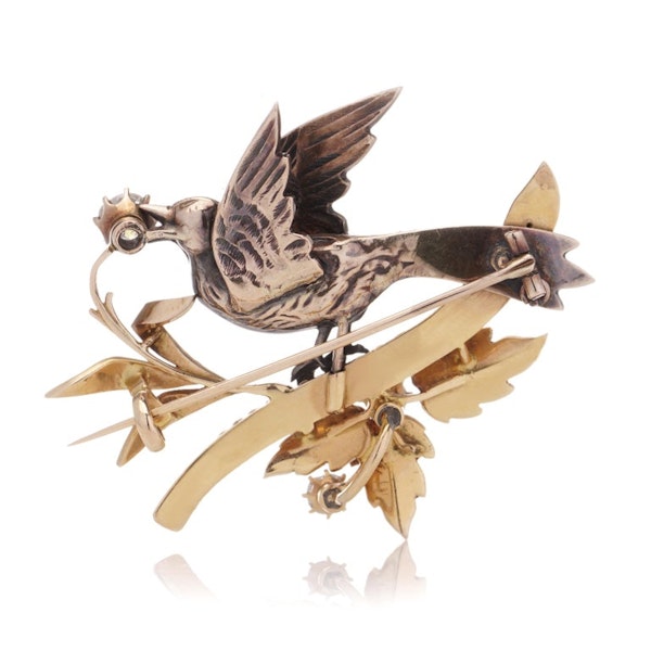 Victorian 18kt yellow and pink gold and silver bird brooch - image 9