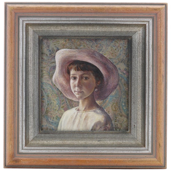 Mary E Carter oil on canvas painting of a girl with a hat - image 6