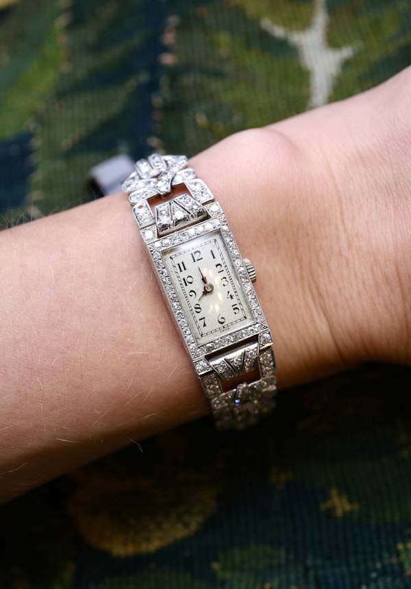 A very fine Platinum (tested), Art Deco Diamond Cocktail Watch with a Diamond set Half-Bracelet. Circa 1930. - image 4