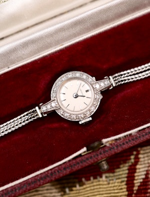 Downstairs at Grays: 18ct White Gold & Diamond Round Face Vertex Watch with 9ct Strap Circa 1930