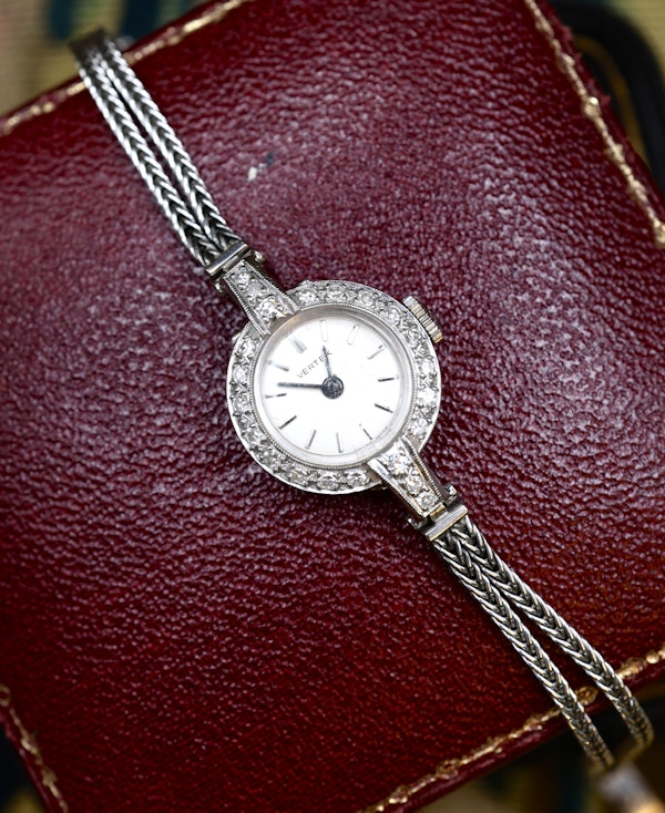 18ct White Gold & Diamond Round Face Vertex Watch with 9ct Strap Circa 1930 - image 3