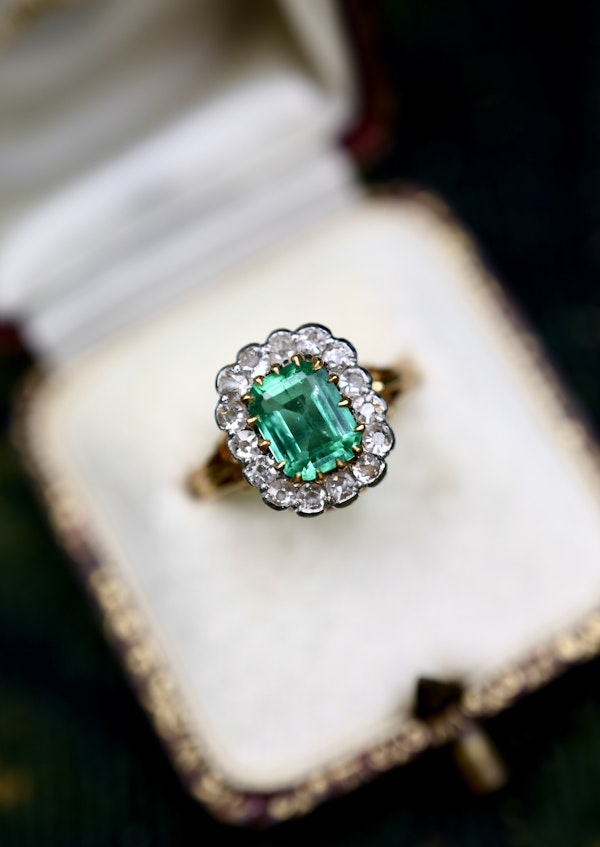 An Exquisite 18 Ct. Yellow and White Gold (tested)  Colombian Emerald & Diamond Cluster Ring - Mid 20th Century - image 1