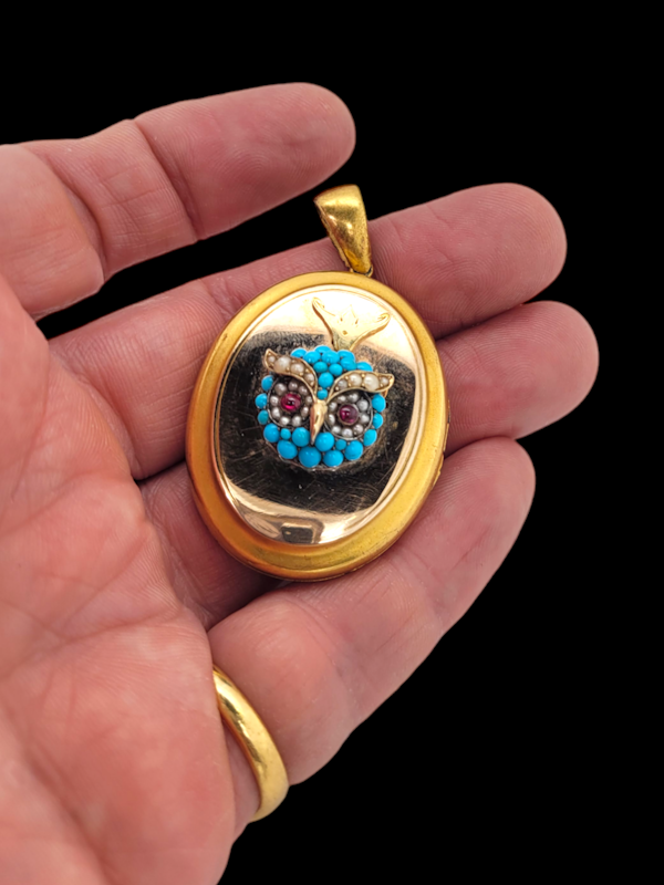 Antique turquoise owl locket SKU: 7689 DBGEMS - image 3