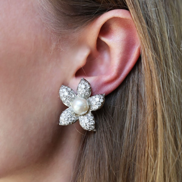 Vintage Natural Pearl and Diamond Flower Earrings, Circa 1950, 4.00 Carats - image 8