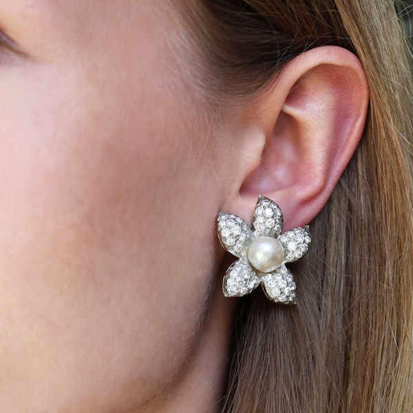 Vintage Natural Pearl and Diamond Flower Earrings, Circa 1950, 4.00 Carats - image 9