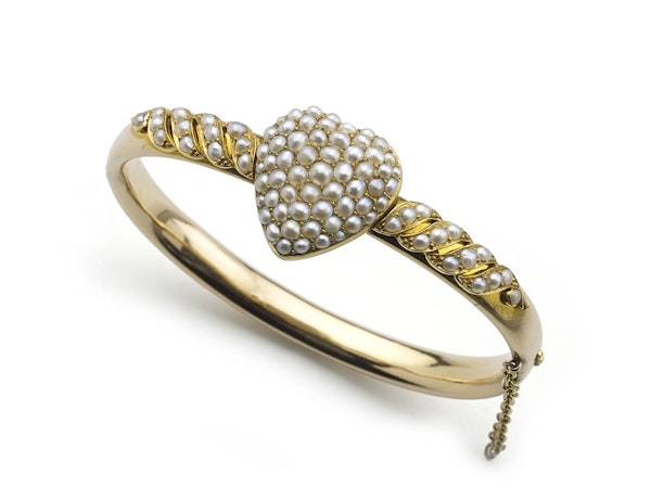 Victorian Natural Pearl and Gold Heart Bangle, Circa 1880 - image 5