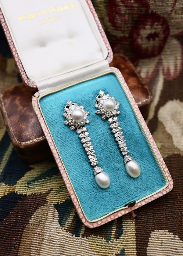 An Exquisite Pair of Vintage Cultured Pearl & Diamond Drop Earrings, Circa 1950. - image 6