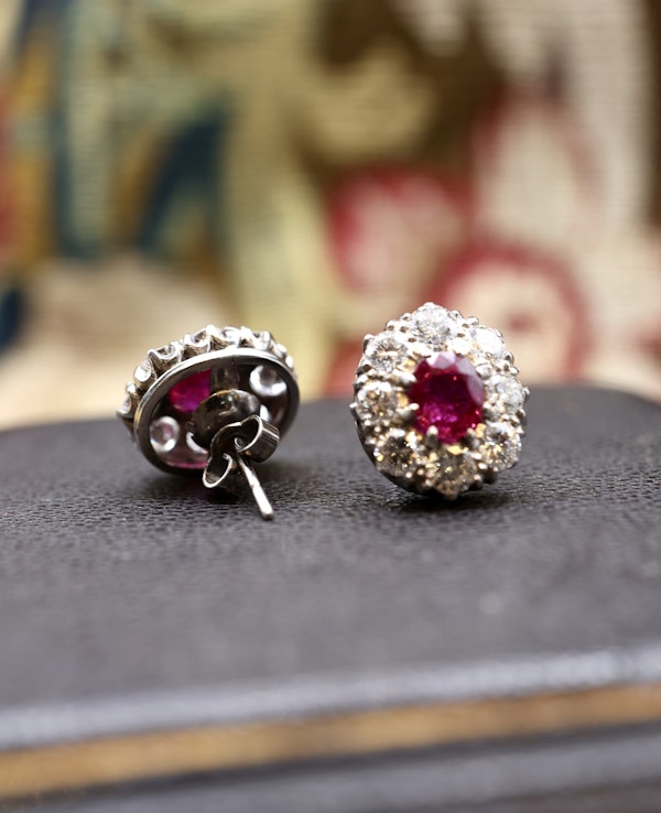 A pair of Antique Natural Burma Ruby and Diamond Cluster Earrings in Platinum and 18ct White Gold, Circa 1950 - image 6