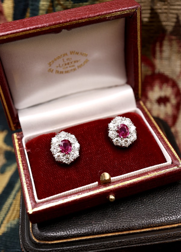 A pair of Antique Natural Burma Ruby and Diamond Cluster Earrings in Platinum and 18ct White Gold, Circa 1950 - image 5