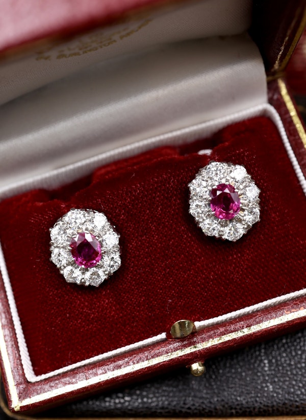 A pair of Antique Natural Burma Ruby and Diamond Cluster Earrings in Platinum and 18ct White Gold, Circa 1950 - image 3